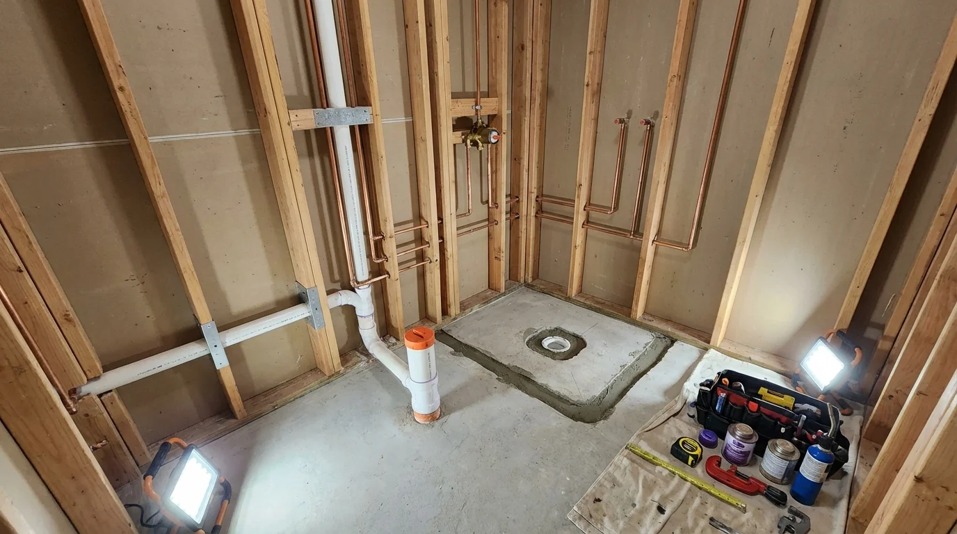 Bathroom rough-in plumbing during remodel by Johns Plumbing LLC in Frederick