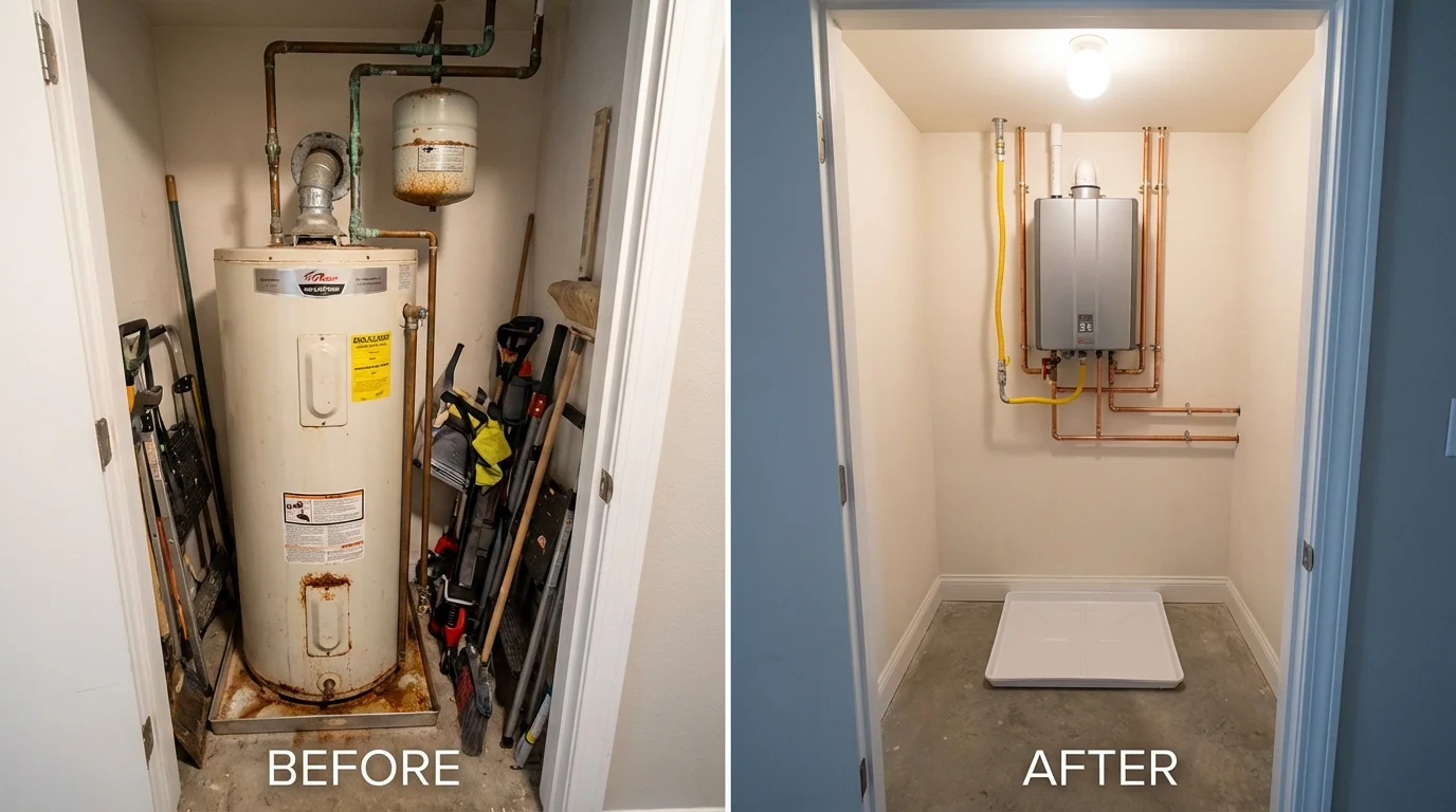 Tank water heater versus wall-mounted tankless unit comparison for Frederick, MD homeowners