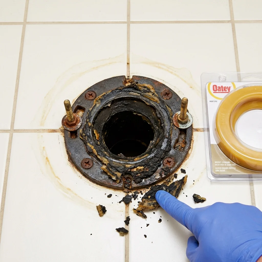 Failed wax ring showing water seepage at the base of a toilet in a Frederick, MD home