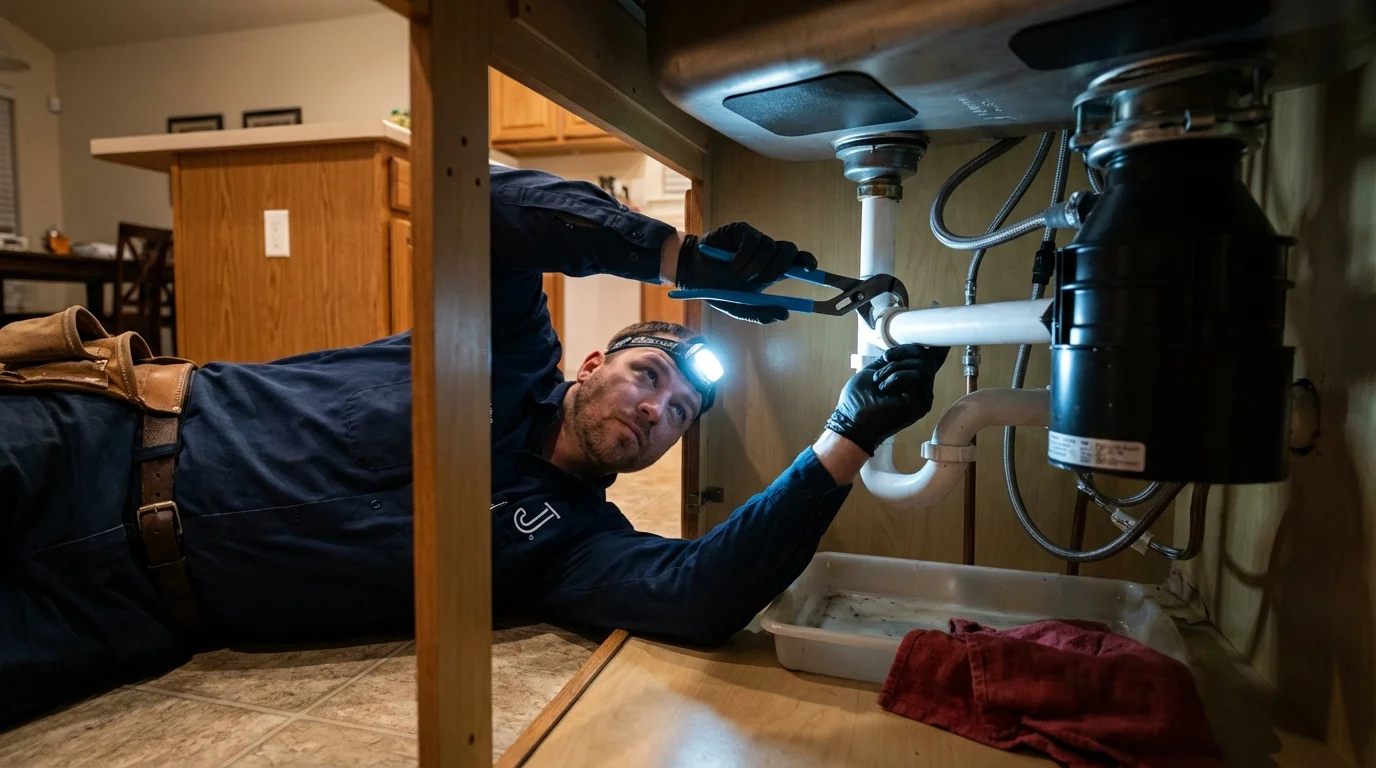 P-trap and supply line connections under a kitchen sink showing a common leak point in Frederick, MD